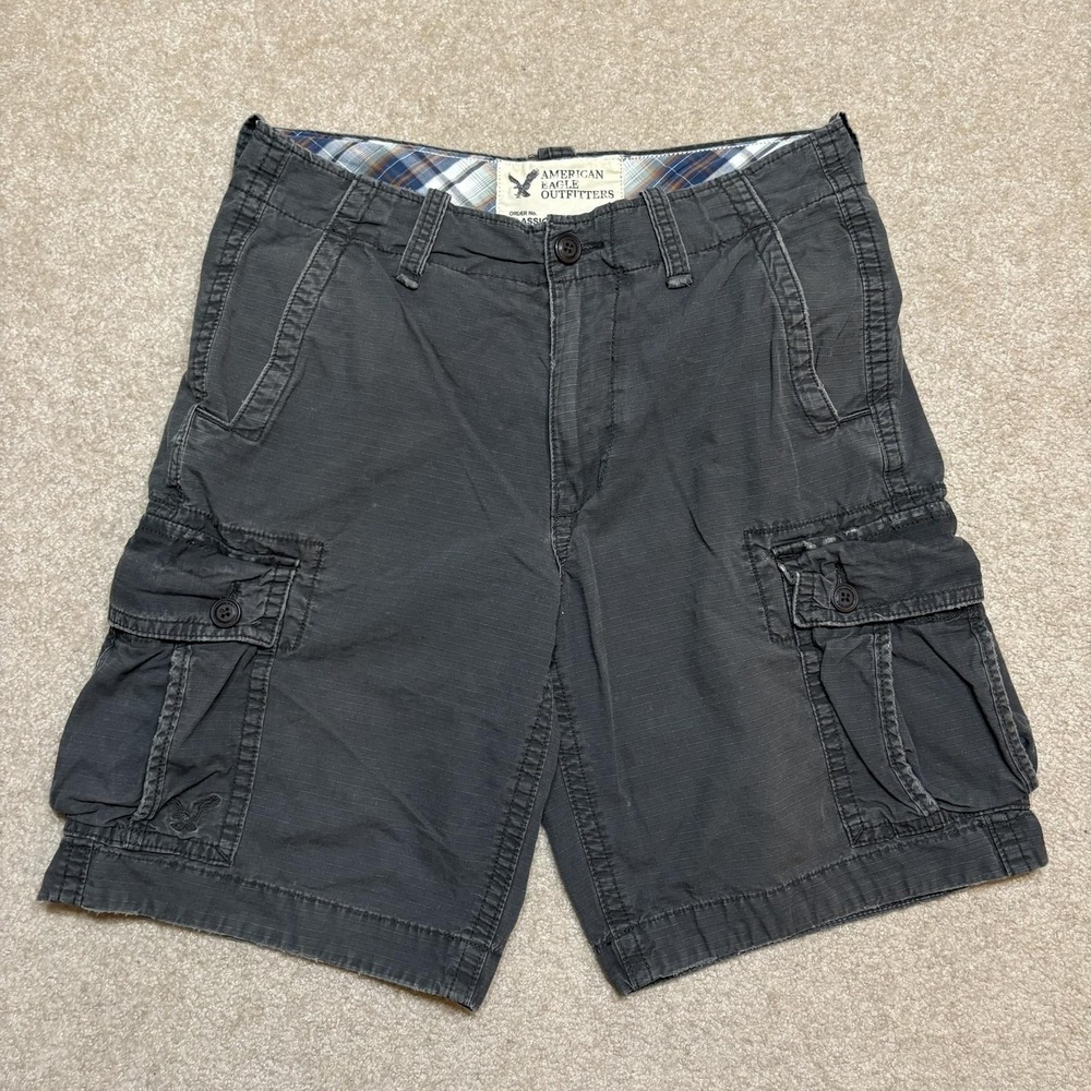 Y2K American Eagle Cargo Shorts Mens 32 Gray Ripstop Classic Length Chunky Baggy